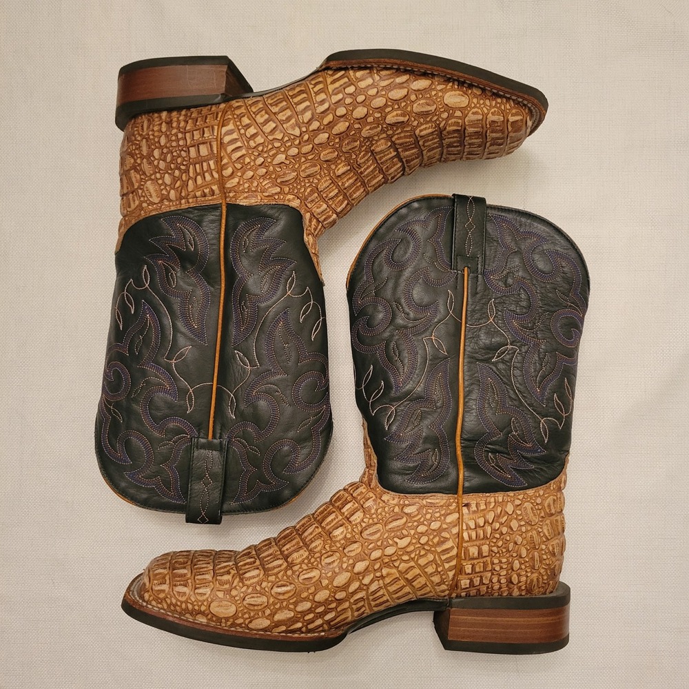 Cavenders 12 EE Cowboy Boots Tan Black Caiman Print Square Toe Western Exotic